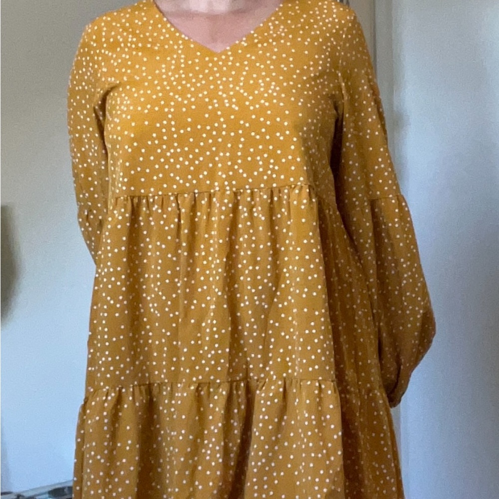 Mustard yellow long sleeve polka dot dress